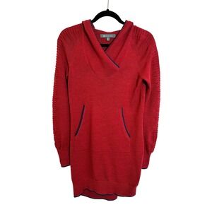 Title Nine Merino Wool Blend‎ Hooded Sweater Dress Size XS Red Kangaroo Pocket